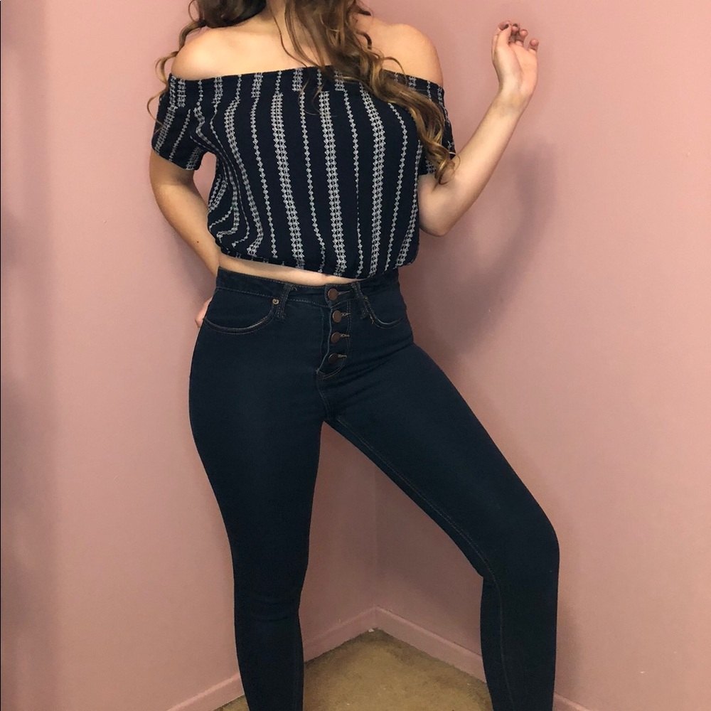 Blue and White Off The Shoulder Cropped Top